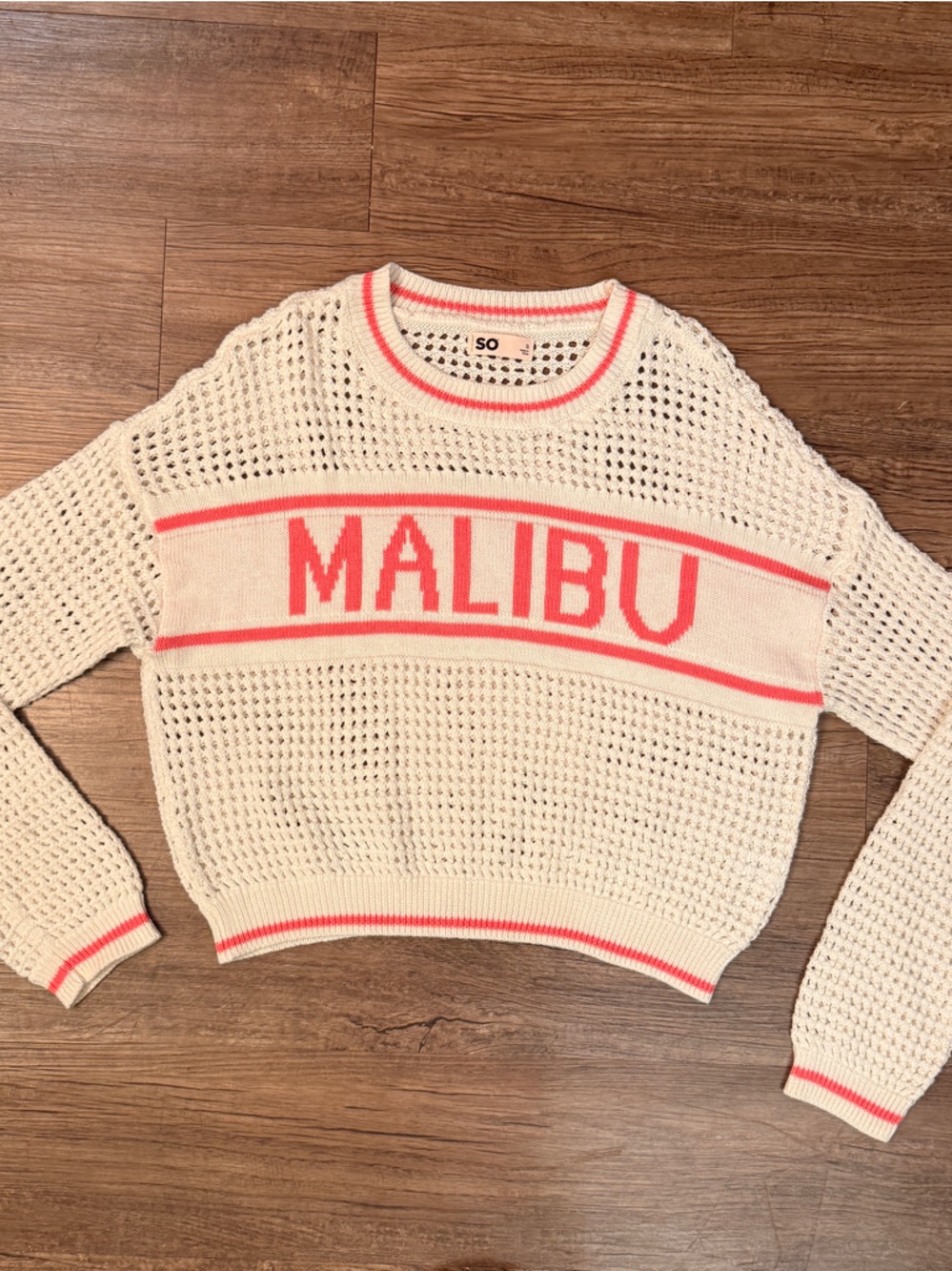 SO Cream Open-Knit Sweater with Coral Trim